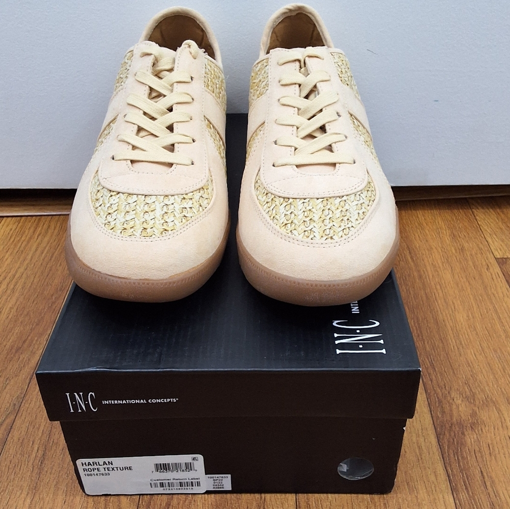 INC Men's Beige Mixed Media Harlan Round Toe Platform Lace Up Sneakers Shoes 11M